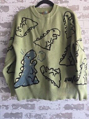 YWFG Dinosaur Pixel Graphic Knit Sweater Green Crewneck Streetwear M/L